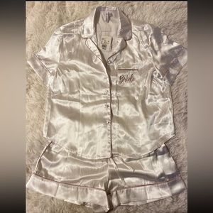NWT NEW Davids Bridal White Gold Satin 2 Pc Pajama Short Set Bride LARGE